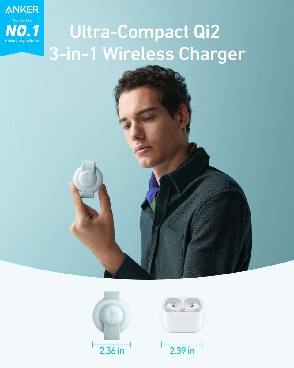 Ultra-compact light blue foldable 3-in-1 wireless charger puck
