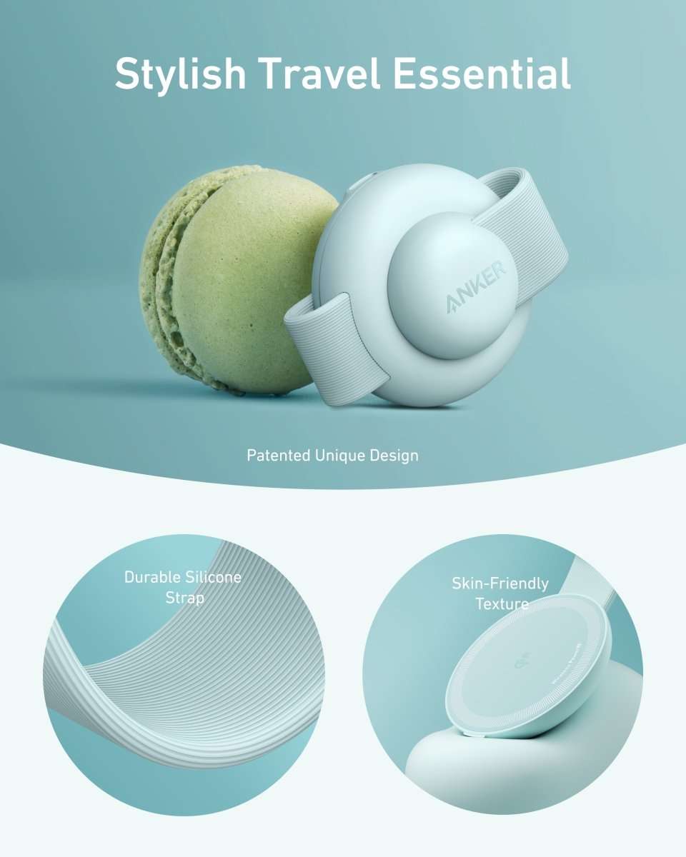 Foldable 3-in-1 wireless charging station with light white circular MagGo pad and strap