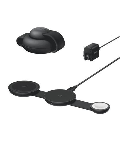 3-in-1 wireless charging station with foldable pads, cables, and plug