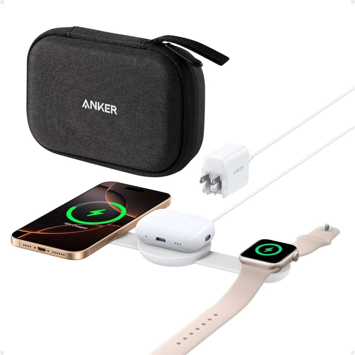 Wireless 3-in-1 charging station kit with black travel case, earbuds, phone, and watch