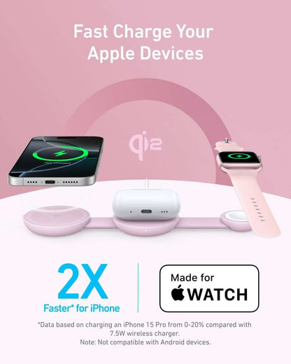 Pink 3-in-1 wireless charging station with pads for phone, earbuds, and watch