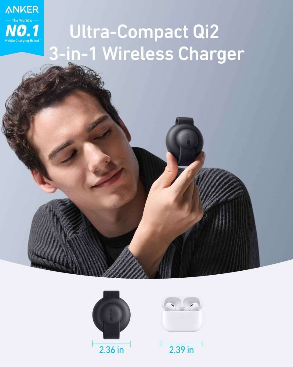 Compact 3-in-1 wireless charger with earbud dock and phone/watch charging spots