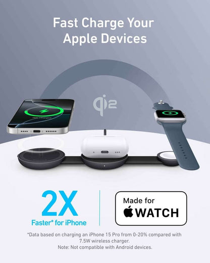 3-in-1 wireless charger dock with phone pad, earbuds stand, and watch charger