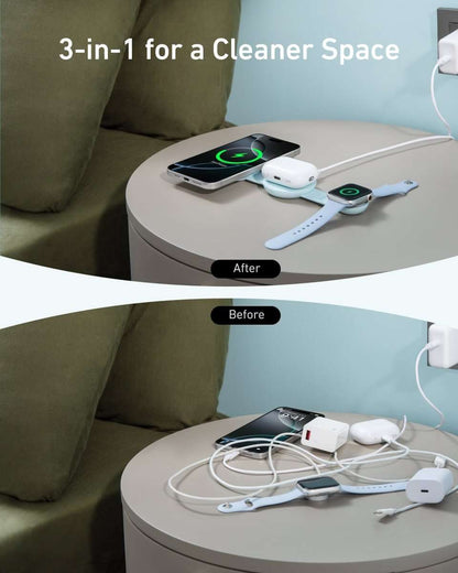 Foldable 3-in-1 wireless charging station with neatly arranged modules