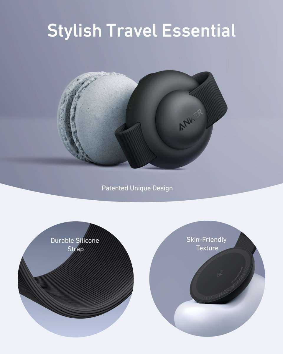 Wireless charging station with black silicone strap and earbud dock cover