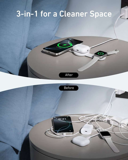 White 3-in-1 wireless charging station with green indicator pads for phone, watch, earbuds