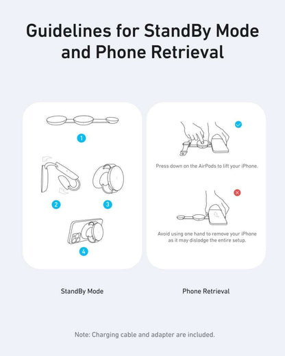 3-in-1 wireless charging station standby mode and phone retrieval usage diagram