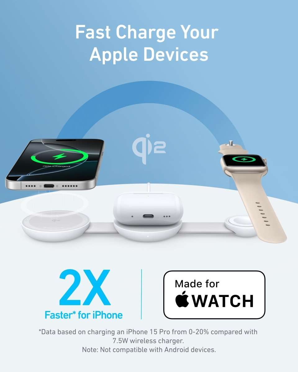 White 3-in-1 wireless charging station with pads for phone, watch, and earbuds