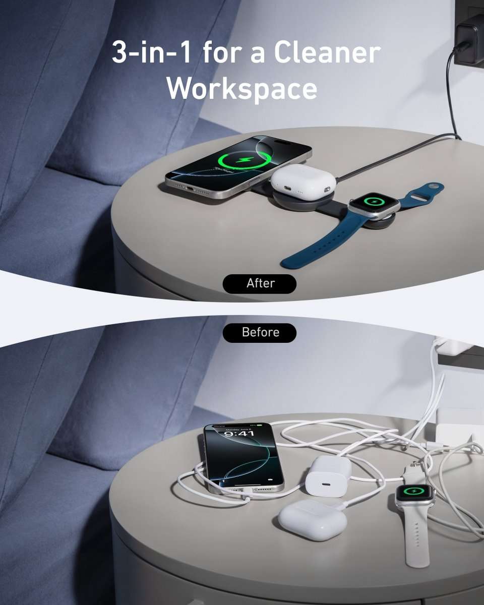 3-in-1 wireless charging station on desk with phone pad, earbuds, and watch cradle
