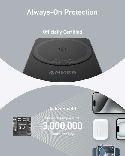 Black wireless charging stand with circular charging pad and ANKER logo on top