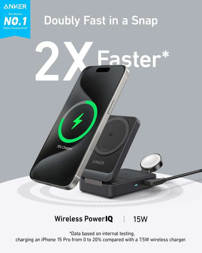 Foldable 3-in-1 wireless charging stand with dark phone holder and watch cradle, green light
