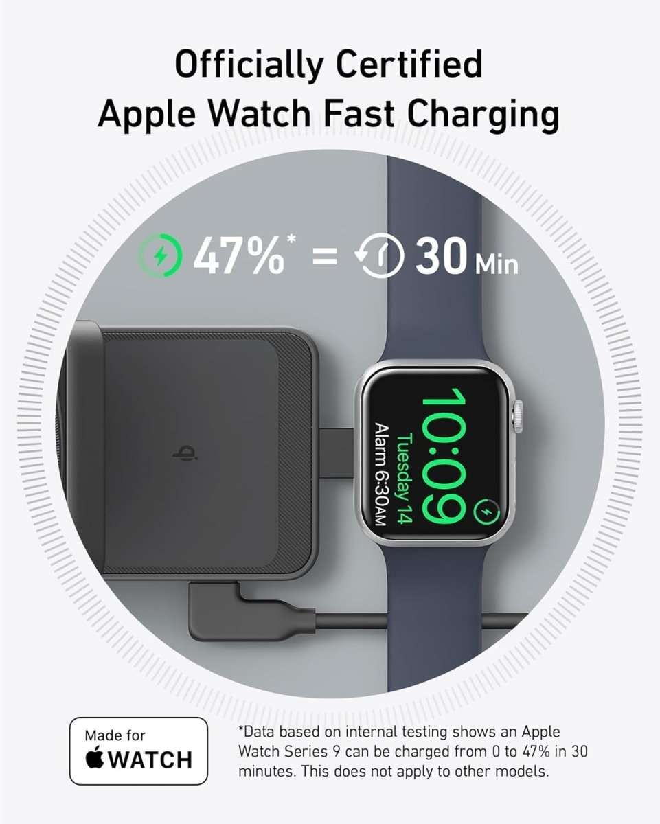 Foldable 3-in-1 wireless charging stand with dark phone dock and watch charger, green light