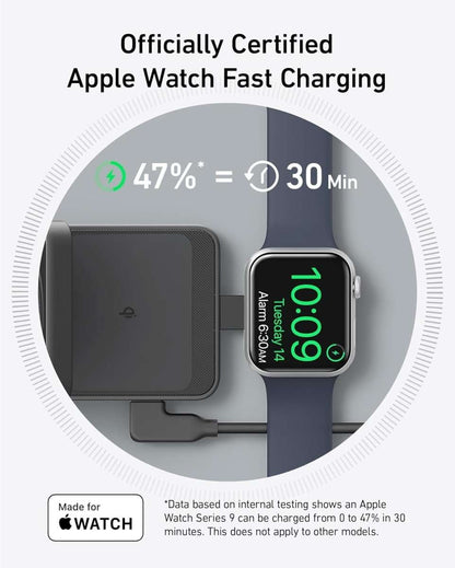 Foldable 3-in-1 wireless charging stand with dark phone dock and watch charger, green light