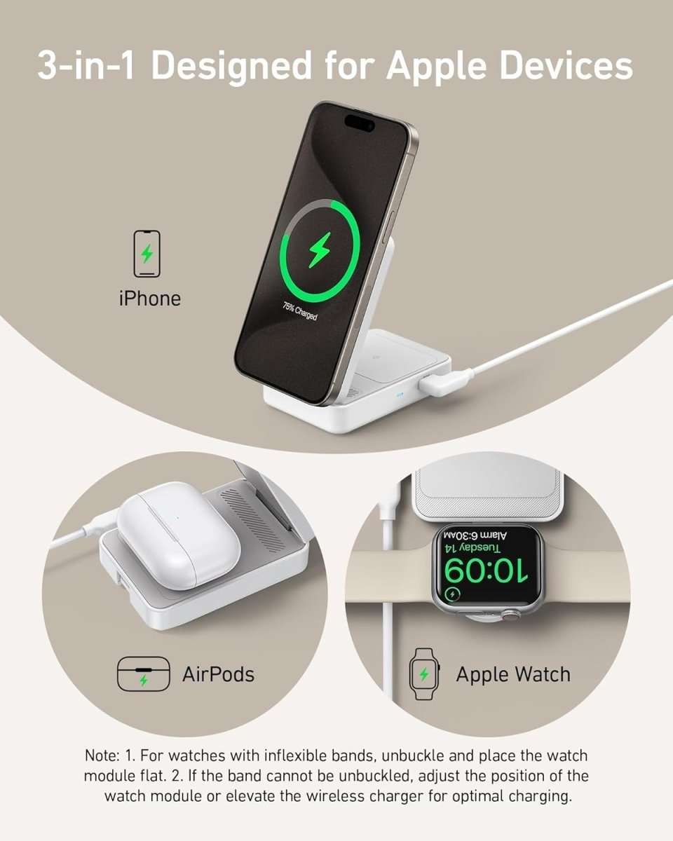 3-in-1 wireless charger with phone, AirPods, and Apple Watch modules on white base