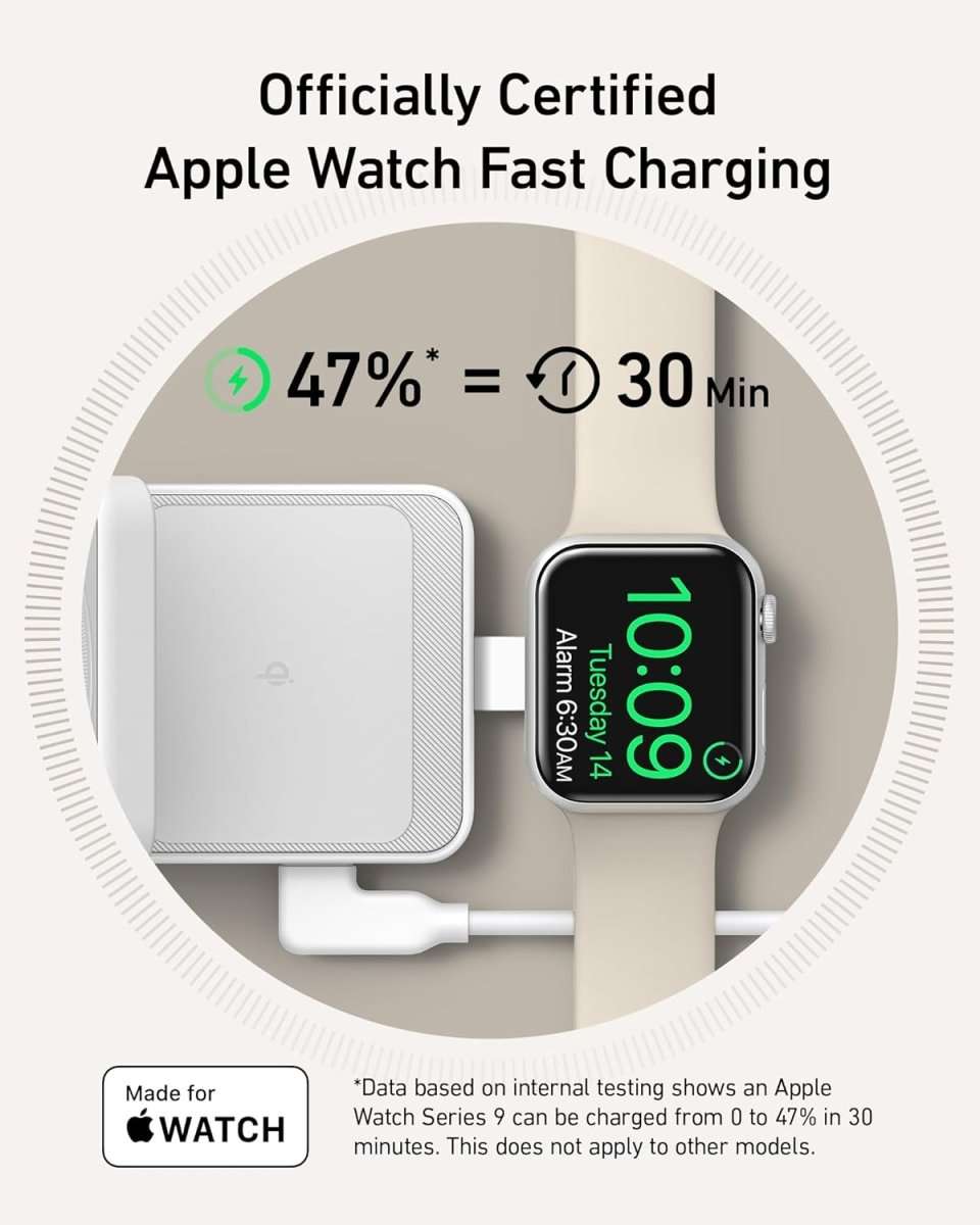 White 3-in-1 wireless charging dock with Apple Watch on charging module