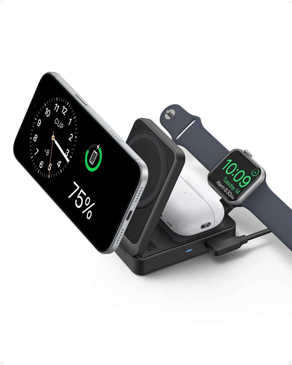 Foldable 3-in-1 wireless charging stand with dark docks for phone and watch, green indicator