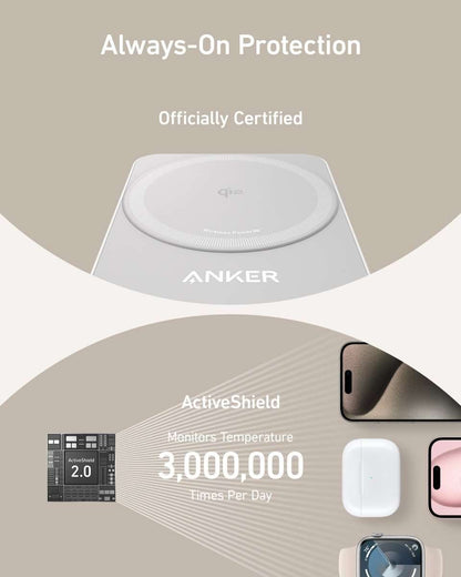 White wireless charging base with Anker logo and protection indicator
