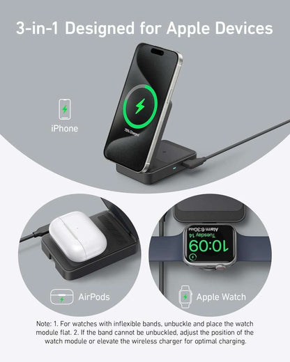 Foldable 3-in-1 wireless charging stand showing dark phone dock and white side module