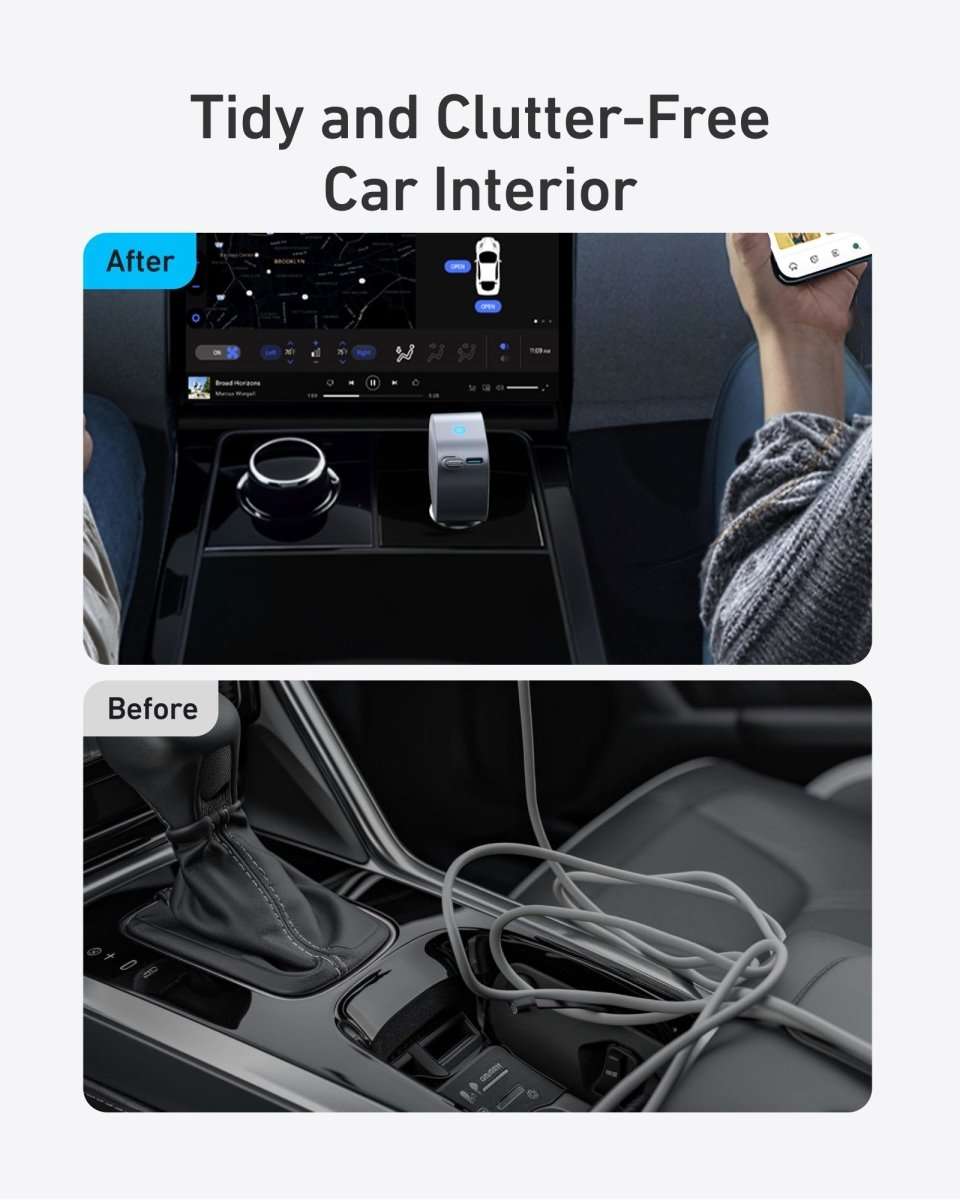 Anker USB-C car charger with retractable cable, dark gray plug in console.