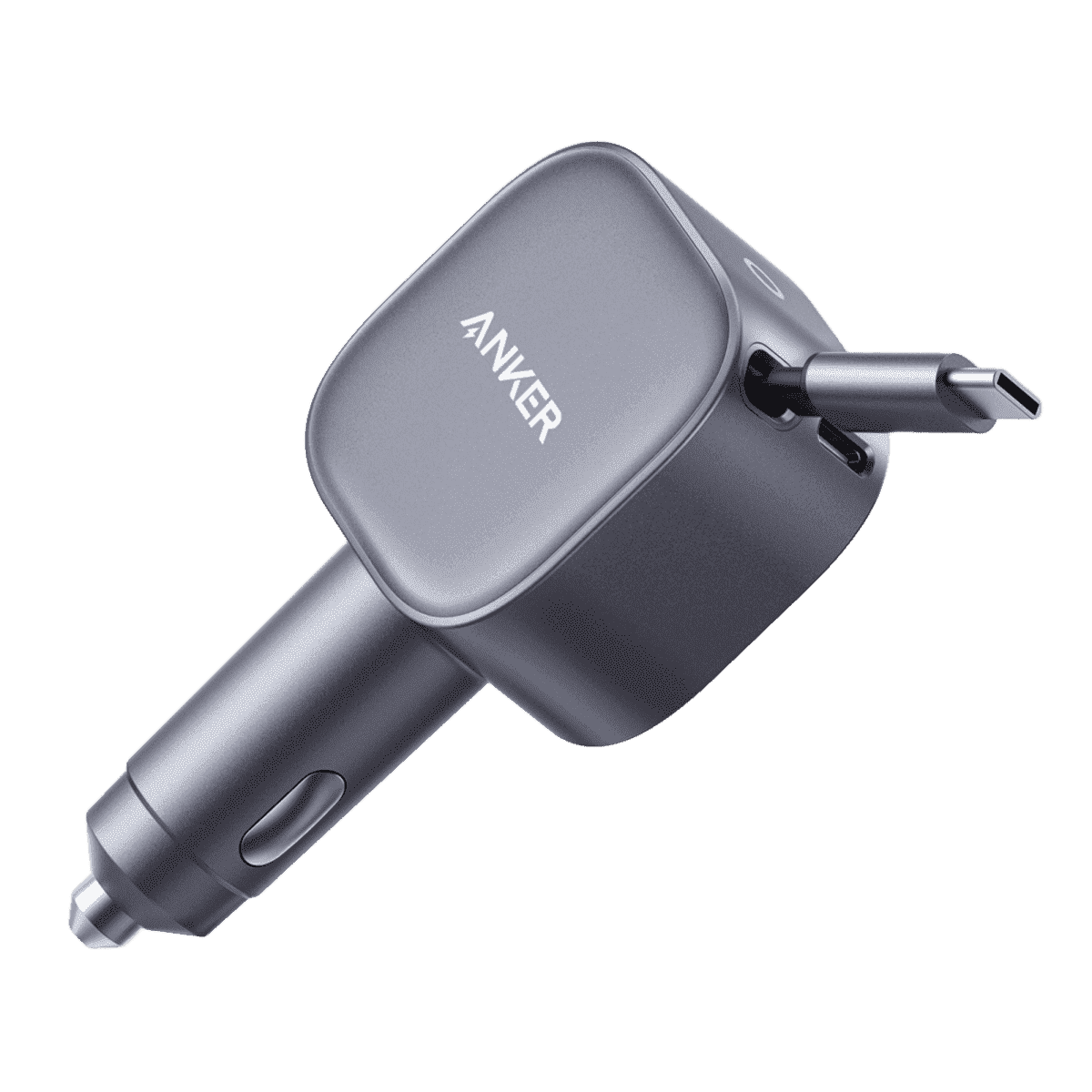 Anker USB-C car charger with retractable cable, dark gray body and plug prongs.