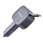 Anker USB-C car charger with retractable cable, dark gray body and plug prongs.