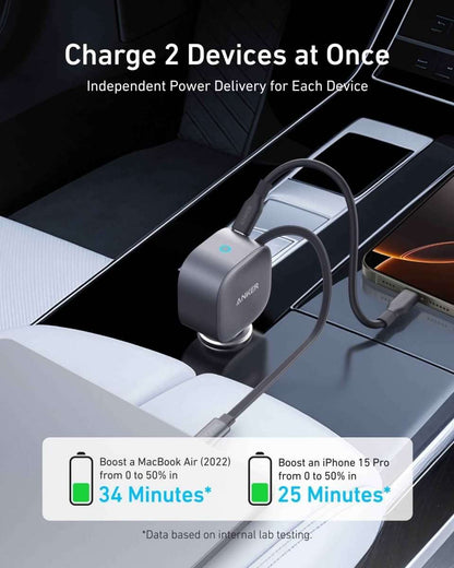Anker USB-C car charger with dark gray body, retractable connector and LED.
