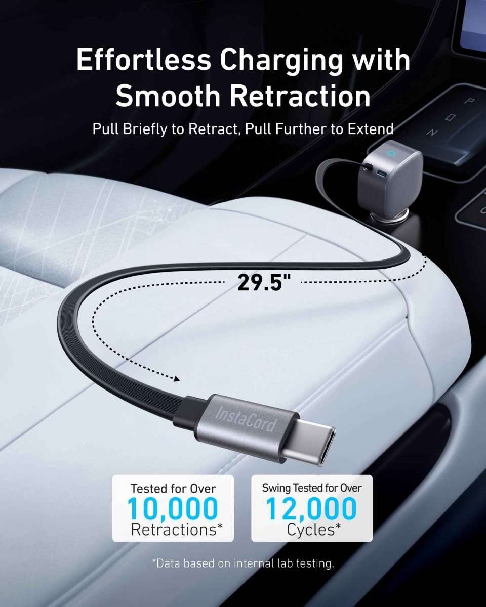 Retractable Anker USB-C car charger with dark gray body and extended plug.