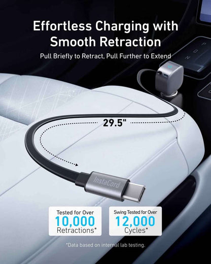 Retractable Anker USB-C car charger with dark gray body and extended plug.