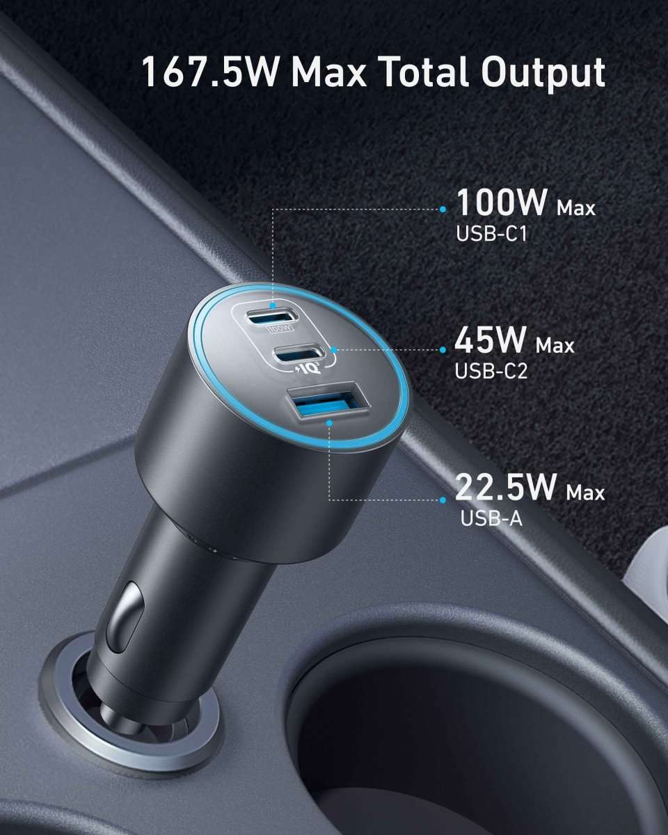 Car charger with circular silver port panel and multiple USB-C and USB ports
