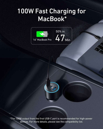 Car charger plugged into outlet, with USB ports facing outward