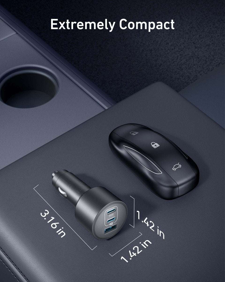 Compact black car charger with short body and USB-C and USB ports