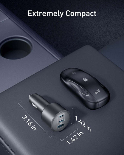 Compact black car charger with short body and USB-C and USB ports