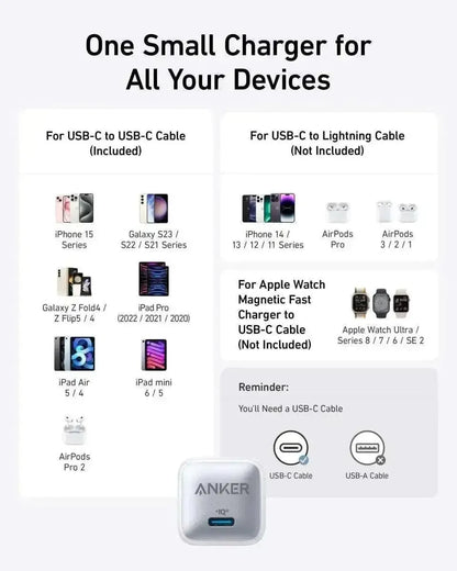 Anker Nano Charger (20W) Anker Black Stone Aurora White Glacier Blue Black Stone-Aurora White-Glacier Blue-Cool Lavender-Misty Blue-Powder Pink-