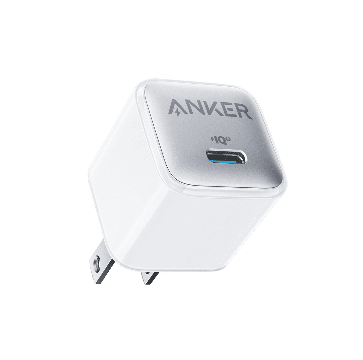 White Anker 20W nano USB-C charger with wall plug and metal prongs