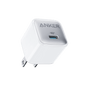 White Anker 20W nano USB-C charger with wall plug and metal prongs