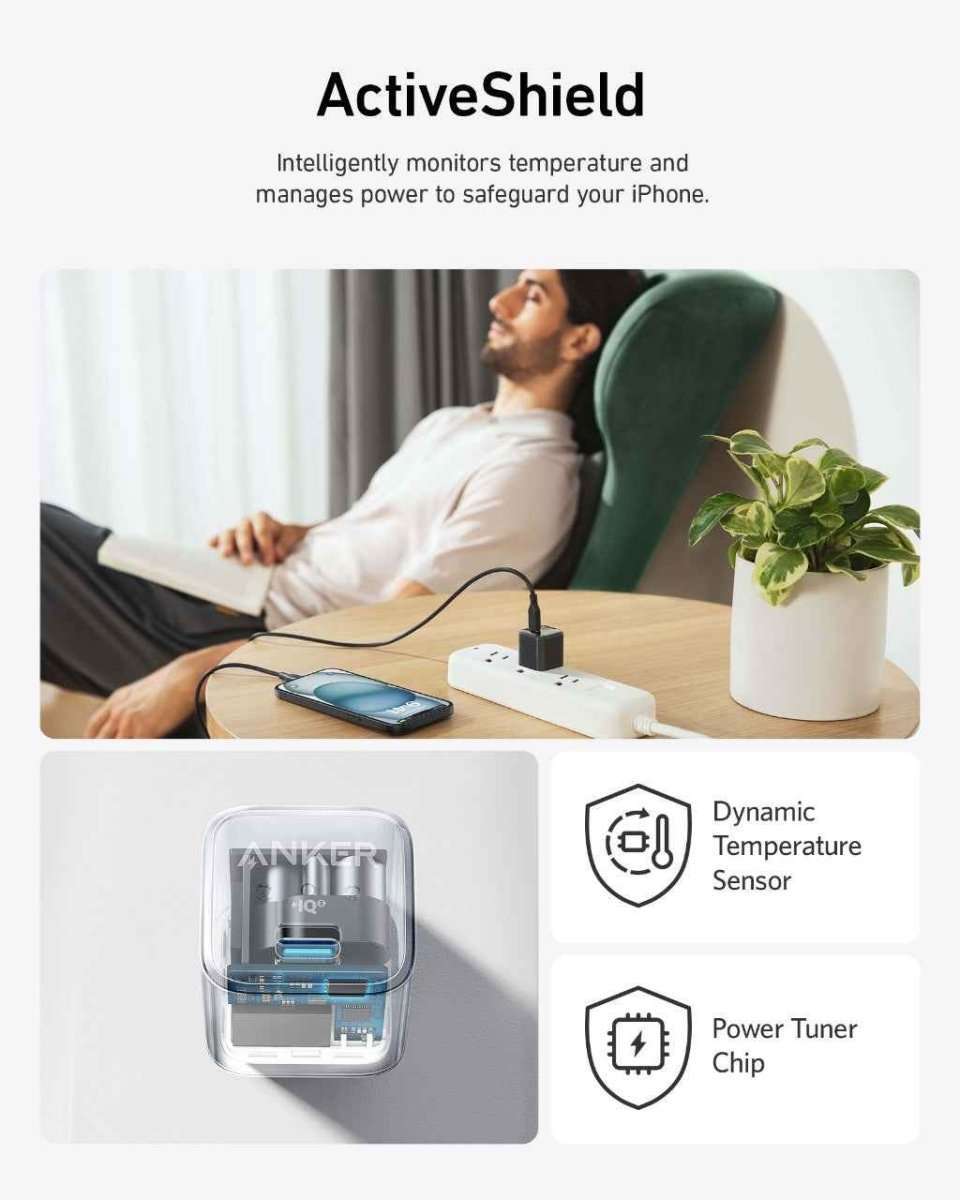 Anker 20W nano USB-C charger with transparent internal detail view