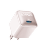Rose-pink Anker 20W USB-C nano charger with blue USB-C port and two prongs
