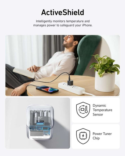 Anker 20W USB-C nano charger with ActiveShield temperature protection illustration