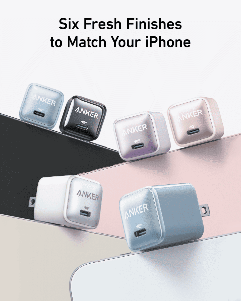 Anker Nano Charger (20W) USB-C adapters in multiple finishes: blue, white, black, pink