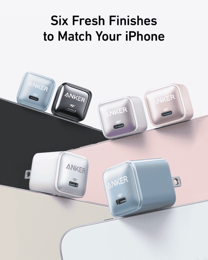 Anker Nano Charger (20W) USB-C adapters in multiple finishes: blue, white, black, pink