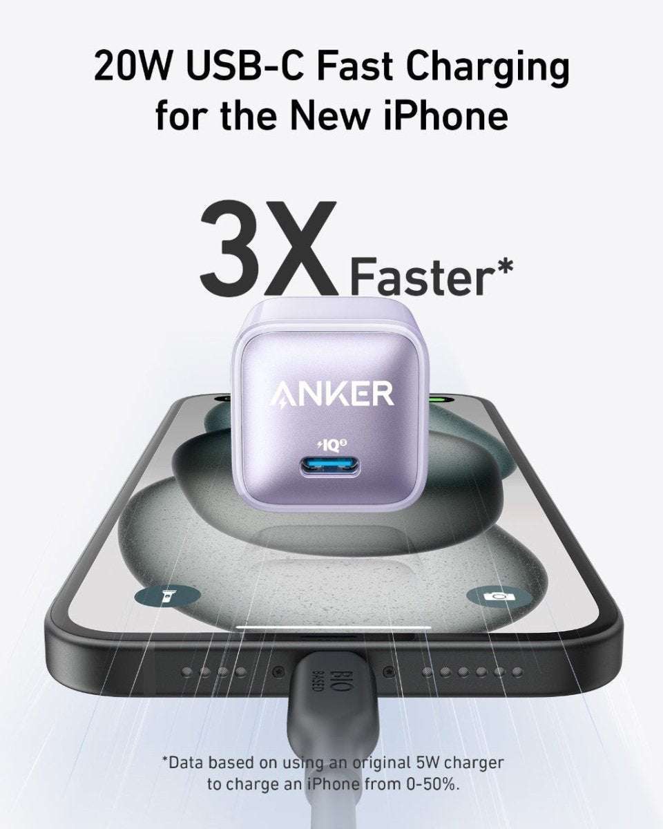 Anker Nano Charger (20W) silver-lavender USB-C fast charging adapter on a charging pad