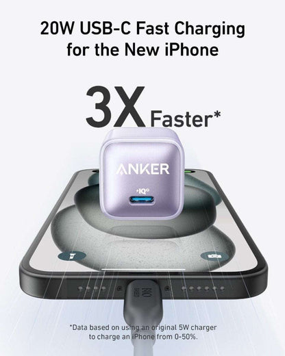 Anker Nano Charger (20W) silver-lavender USB-C fast charging adapter on a charging pad