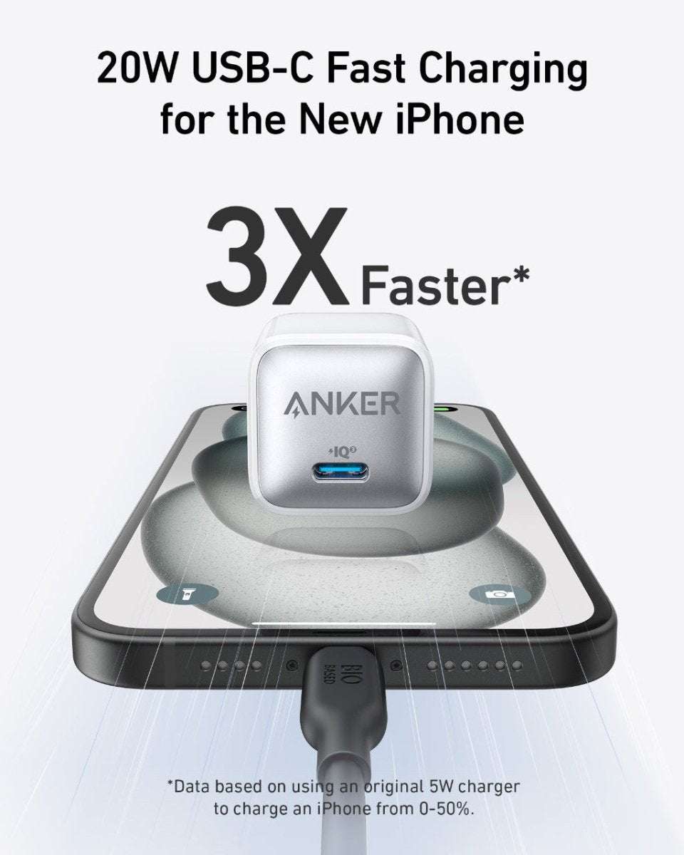 Silver Anker 20W nano USB-C charger on a charging pad
