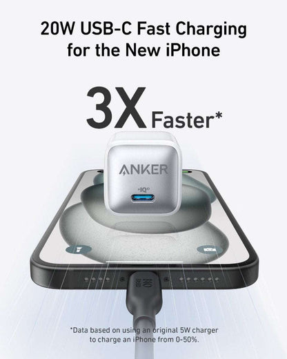 Silver Anker 20W nano USB-C charger on a charging pad