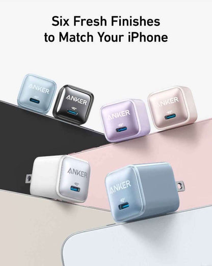 Assorted-color Anker 20W nano USB-C chargers, wall plug designs