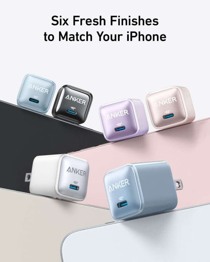 Assorted-color Anker 20W nano USB-C chargers on a display surface