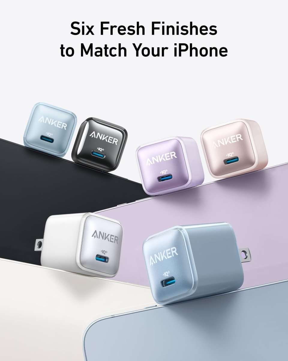 Set of six Anker 20W USB-C nano chargers in multiple colors with visible ports