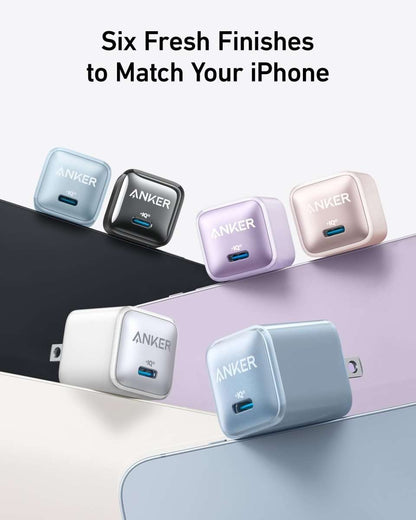 Set of six Anker 20W USB-C nano chargers in multiple colors with visible ports