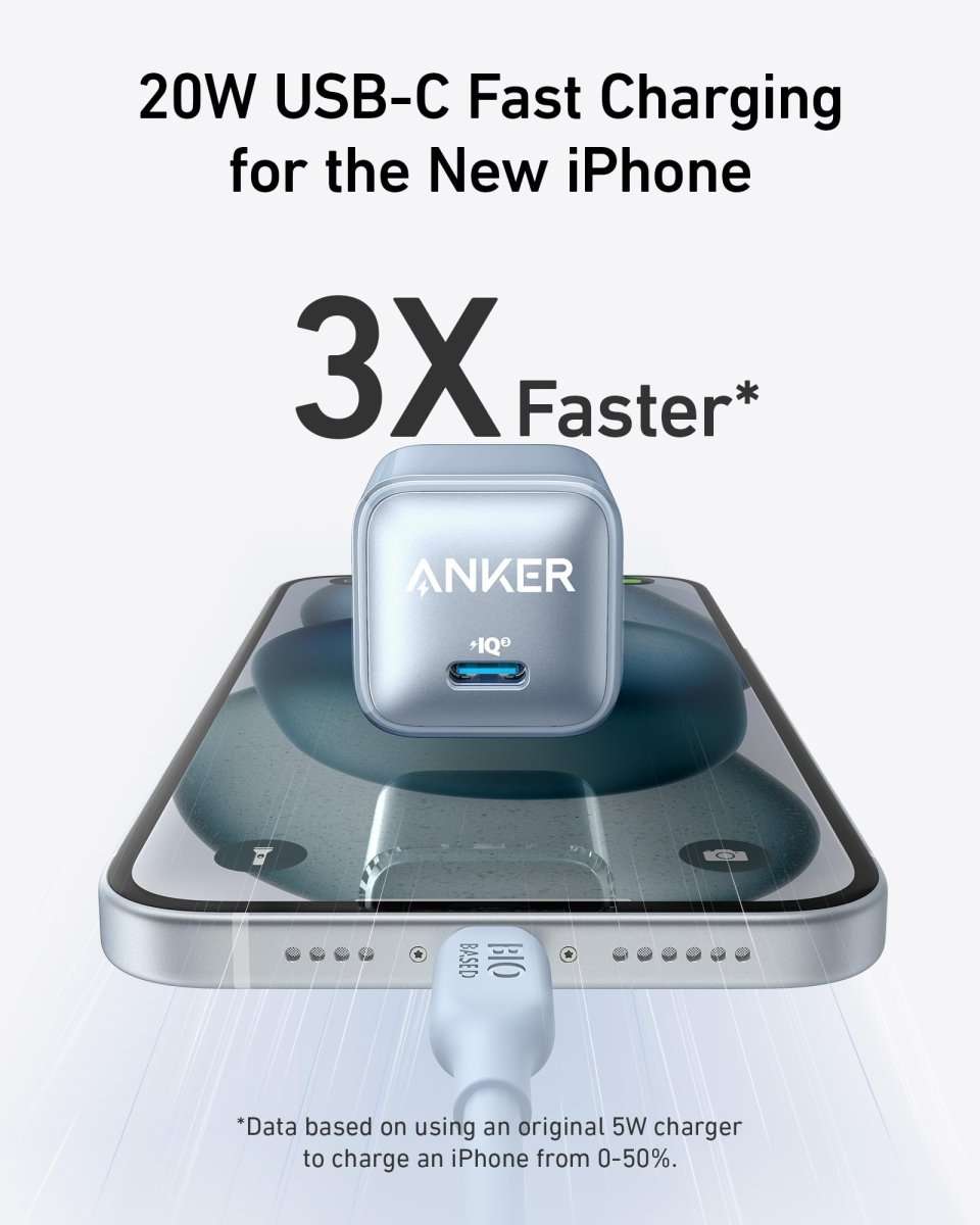 Silver-blue 20W USB-C nano charger centered on a smartphone