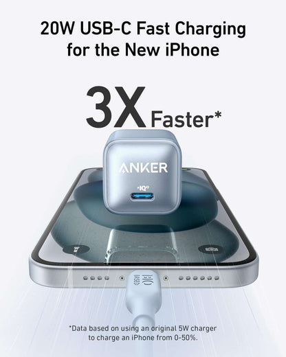 Silver-blue 20W USB-C nano charger centered on a smartphone